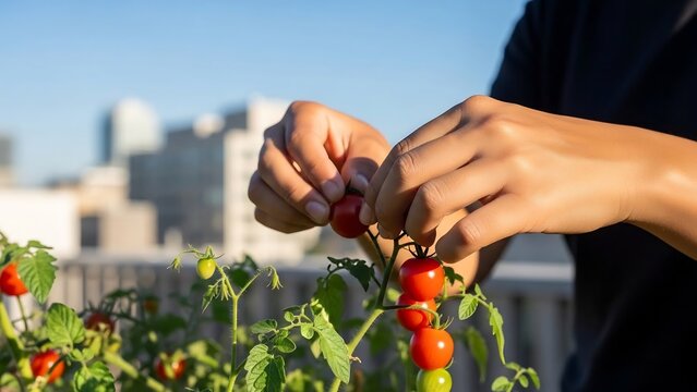 Harvesting Cherry Tomatoes in Urban Garden - Powered by Adobe