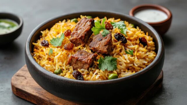 Spiced rice with tender beef meat cubes, raisins and fresh cilantro served in rustic bowl aromatic