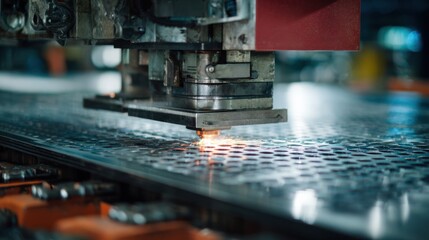 Closeup medium shot showing the stamping machine precisely cutting rectangular patterns from a large metal sheet for automotive parts.