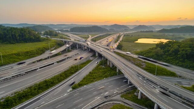 Aerial view of a complex highway interchange system at sunset 