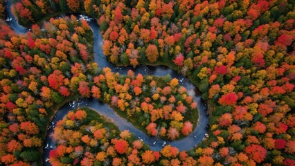 Aerial View: Winding River Through Autumn Forest