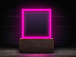 Pink neon square glows on a wooden block against a dark wood wall and floor