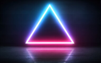 A glowing neon triangle in blue and pink, reflecting on a dark, wet, glossy floor