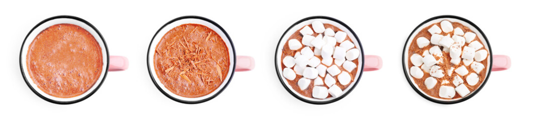 Tasty hot cocoa with marshmallows and chocolate shavings in cup isolated on white, collection. Top view