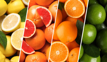 Citrus fruits collage, top view. Lemons, oranges, grapefruits and limes. Banner design