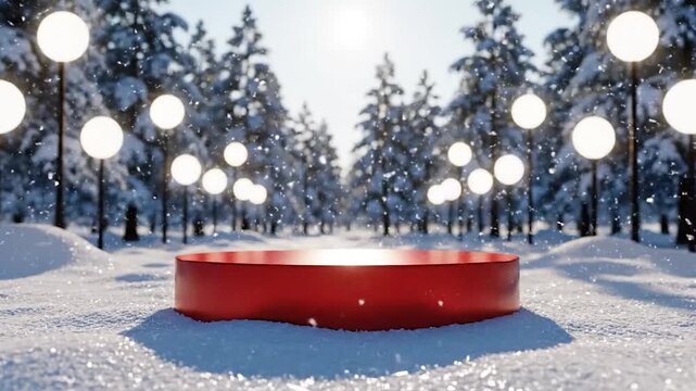 Winter Wonderland Product Display - Red Platform in Snowy Forest.