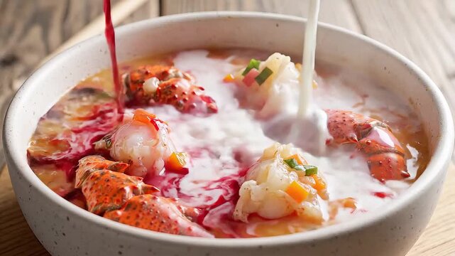 Pouring Red Wine and Cream into a Delicious Lobster Bisque Soup.