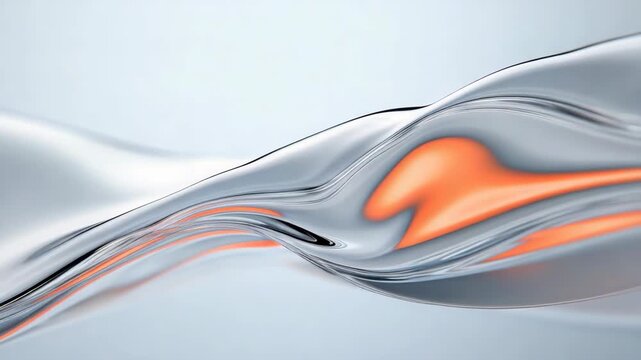 Fluid silver wave with orange reflection creating serene modern abstract elegance and flowing motion