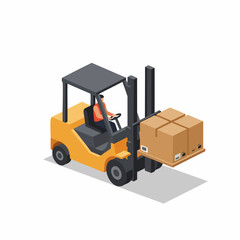 Isometric Industrial Forklift Carrying Cardboard Boxes Machine Illustration Design