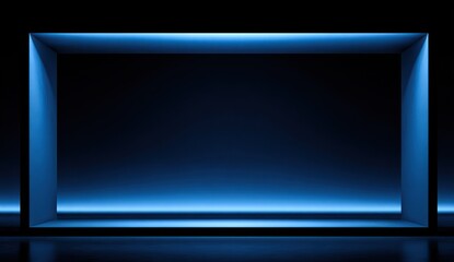 Illuminated blue rectangular frame against a black backdrop, reflecting light
