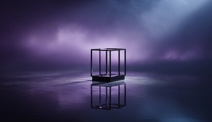 A dark, square, open frame sits on a reflective surface against a moody purple background