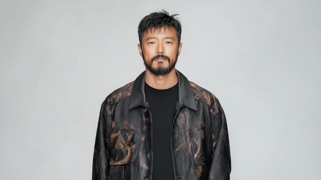 Asian male adult studio portrait of bearded man textured leather jacket calm confident neutral
