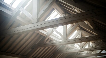 Sunlit wooden structure under construction showcasing an architectural design and craftsmanship with geometrical shapes