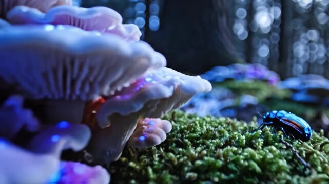 blue beetle on green mossy log with purple mushrooms