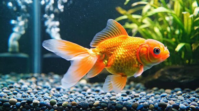 Vibrant orange goldfish swimming in a sunlit aquarium habitat
