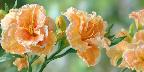 A detailed painting of orange daylilies with ruffled petals on a blurred, green background
