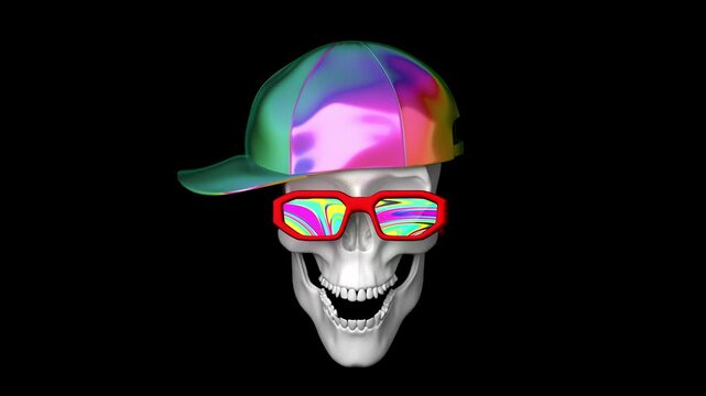 A skull is styled with a shiny, colorful cap and oversized sunglasses that reflect vivid patterns sing rap. Loopanimation. any endless song overlay
