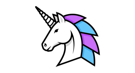 Obraz premium unicorn mascot logo of a white mythical horse head with colorful purple and blue mane on clean white background for branding and esports