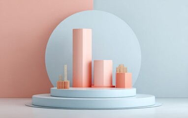 Abstract pastel composition with podium, cylinders, and backdrop, for concept presentation