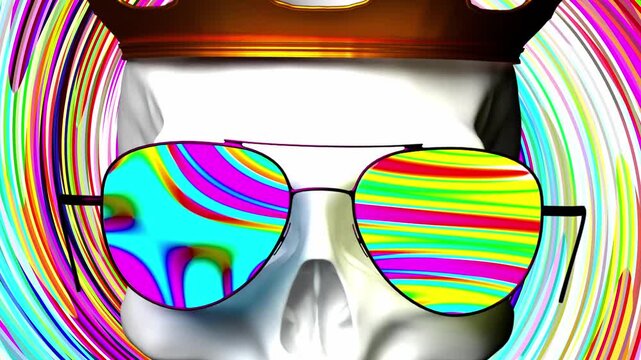A striking skull wearing a crown and colorful sunglasses occupies the center of a dynamic swirling background in vivid colors. Loop animation. any endless song overlay