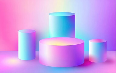 Four cylindrical platforms of varying heights sit amidst a gradient background
