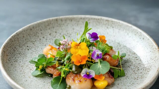 Seared scallop salad with edible flower microgreen citrus gel caper gourmet plating elegant bright