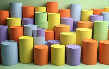 Array of colorful cylindrical shapes arranged in a vibrant, textured composition