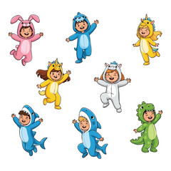 Happy Children Wearing Adorable Animal Onesie Costumes and Jumping with Joy