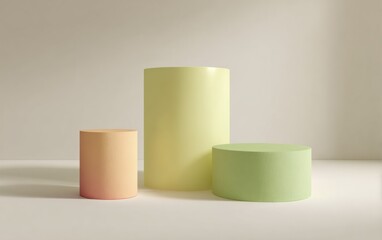 Three colored, cylindrical pedestals on a white surface with a neutral background