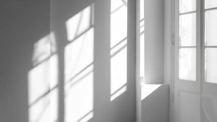 Shadows Dance in the Room: Sunlight streams through a window, casting intricate shadows on a stark white wall, creating a scene of serenity and geometric beauty. 