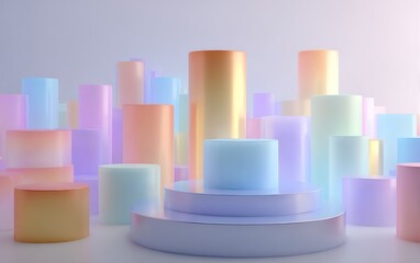 Pastel-colored cylinders of varying heights and sizes create an abstract city-like display