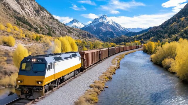 Golden freight train winding along river through autumn valley with snowcapped mountain backdrop