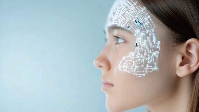 Young woman profile side view with circuit overlay technology suggesting futuristic thoughtful calm
