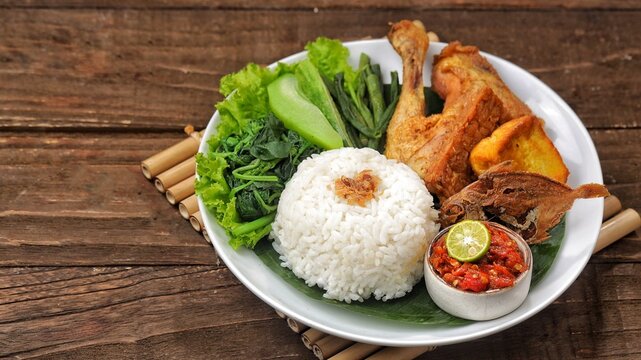 Sego tempong or nasi tempong is a traditional Banyuwangi dish served with various side dishes, fresh vegetables, and special chili sauce