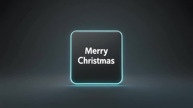 A modern digital button with a glowing blue outline displays the festive 'Merry Christmas' greeting on a dark, reflective background.
