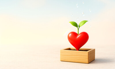 Heart-Shaped Plant Growing with Water Drops in Wooden Pot, Generative AI