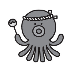 たこ焼きを持っているタコのキャラクター モノクロ