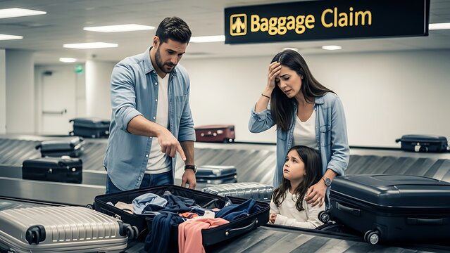 Worried family standing at airport baggage claim carousel with open suitcase, looking for lost luggage after flight.