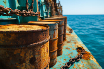 Rusty barrels lining a weathered ship near the open sea