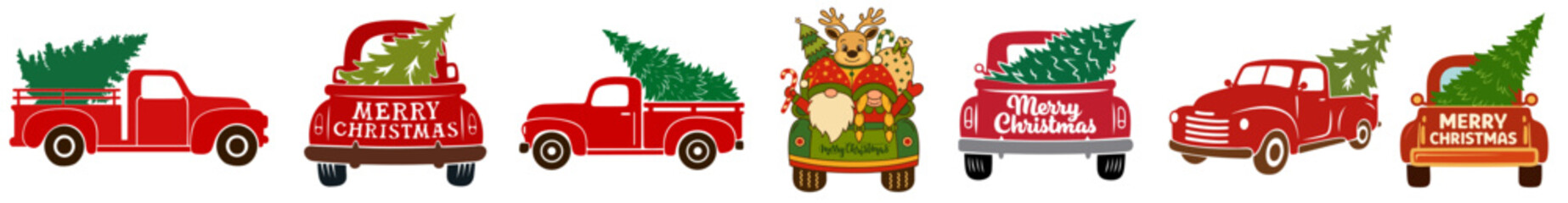 Christmas Tree Delivery Trucks Set — Holiday Pickup Vehicles Carrying Fir Trees from Farm and Tree Market