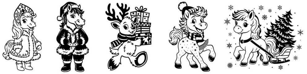 2026 Year of the Horse New Year Characters Set — Winter Horses, Lucky Horseshoe, Sleigh, Gifts, Snowflakes and Holiday Tree Illustrations