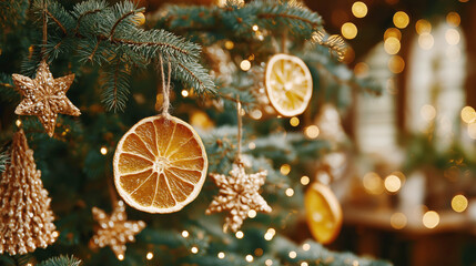 A Festive Christmas Tree Adorned with Dried Orange Slices and Golden Stars, Creating a Magical and Cozy Atmosphere for the Holiday Season