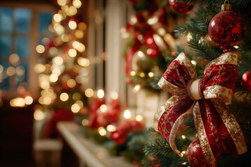 A Festive Display of Christmas Cheer: Lush Greenery Adorned with Ornate Red and Gold Decorations, Sparkling Lights, and Warm Holiday Spirit