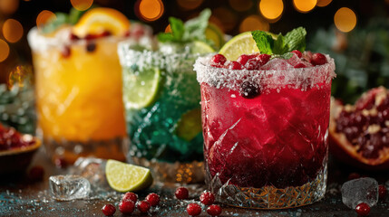 A Colorful Array of Refreshing Cocktails Garnished with Fruits and Mint, Perfect for Celebrating Any Occasion with Vibrant Flavors and Festive Spirit