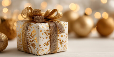 A beautifully wrapped gift box adorned with golden embellishments, set against a backdrop of shimmering lights and festive decorations, perfect for holiday celebrations.
