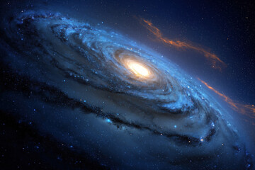 A Stunning View of a Spiral Galaxy with Bright Core and Luminous Stars Against a Deep Blue Cosmic Background
