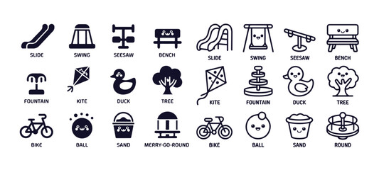 Playground equipment collection featuring slides swings seesaws benches fountains kites ducks trees bikes balls sand merry go rounds
