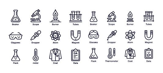 Laboratory equipment outline icon set beakers scopes burners tubes glasses droppers atoms magnets flasks meters coats data
