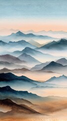 Serene Watercolor Landscape: A Tranquil View of Layered Mountains with Gradual Color Transitions from Blue to Earthy Tones Capturing Nature's Beauty