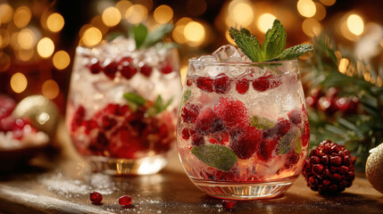 Festive Sparkling Beverage with Raspberries and Mint Against a Bokeh Background, Perfectly Captured for Holiday Celebrations and Gatherings